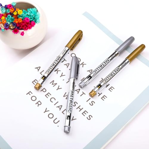 Dyvicl Fine Point Metallic Markers Pens-Gold&Silver Paint Pens For Black Paper,Glass,Rock Painting,Gift Card Making,Scrapbook Album,Christmas Diy Craft Kids,Set Of 4