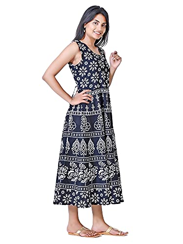 Image of Women's Cotton Printed Traditional Long Midi Maxi Kurti /One Piece Dress (Black Flower)