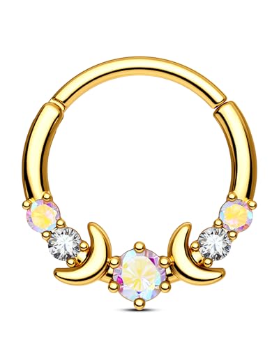 CM Crareesi Mania Septum Ring 316L Stainless Steel 16G Septum Jewelry 10mm Moon Phase Septum Piercing Jewelry for Women AB CZ Gold Daith Earrings