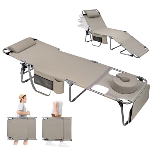 Minndudu Tanning Chair with Face Hole Upgraded Softer Padded Adjustable Washable, Heavy Duty Layout Folding Face Down Sun Lounger Chair for Outside Sunbathing Reading Beach Pool Lawn, 300 LBS