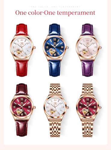 Image of OLEVS Watches for Women Automatic Ladies Watch Mechanical Leather Strap Self-Winding Diamond dial Waterproof