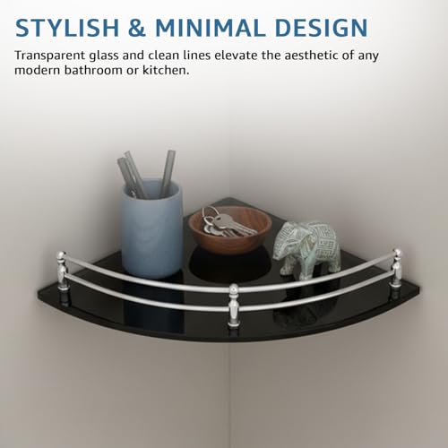 Image of Amazon Basics Glass Bathroom Corner Shelf with Stainless Steel Railings | Pack of 3 | Black | 9x9 Inch | Rust-Resistant Space-Saving Storage | 23D x 23W x 6H cm