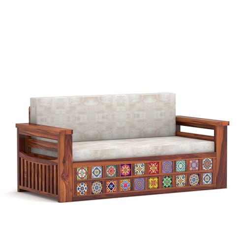 Image of Solid Sheesham Wood Sofa Cums Bed with Cushioned Seating & Handcrafted Tile Storage Front | Rosewood Convertible Sofa Bed for Living Room & Bedroom (Honey Finish)