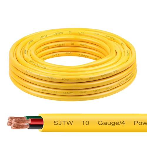 10/4 SJTW Yellow Wire 10 Feet - 10 AWG 4 Conductor SJTW Cable with UV-Resistant Jacket for Motor Leads Battery Chargers and Machine - 10 ft Electrical Wire