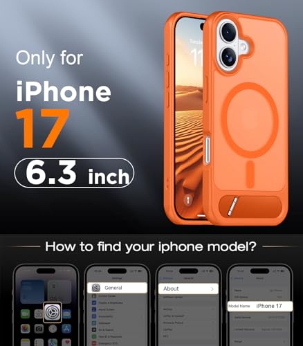 Image of Designed for iPhone 17 Case, [Built-in Invisible Kickstand][Compatible with MagSafe][Military Grade Shockproof] Slim Translucent Matte Phone Case 6.3 inch (Orange)