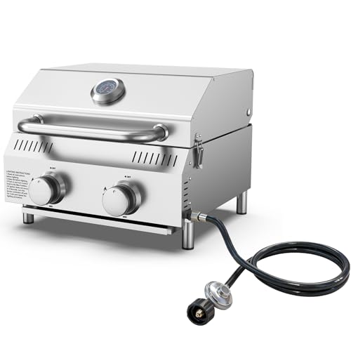 Veralune 2 Burner Tabletop Gas Grill, 22,000 BTUs Stainless Steel Portable Propane Grill with Legs, Built-in Thermometer, Travel Locks for Tailgating, Outdoor, Camping, RV Trips