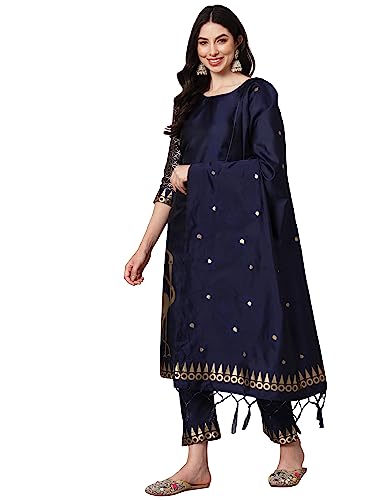 Image of VredeVogel Women's Cotton Silk Jacquard Kurta Pant Set with Banarasi Silk Dupatta