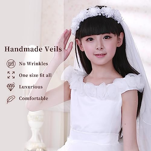 First Communion Veil for Girls, Head Wreath With Veil, Wedding Flower Pearl Veils, Chapel Veils for Party Stage Performance Role-playing White 6