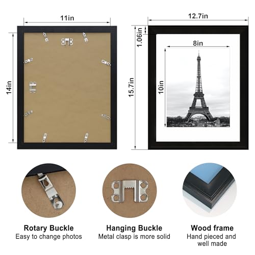 Image of iRahmen 11x14 Vintage Picture Frame with Mat 8x10 - High Definition Tempered Glass Wooden Photo Frames for Wall Mounting (Black, Set of 4)