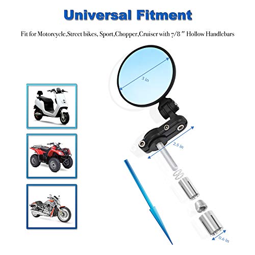 Trkimal Universal Motorcycle Mirrors Handle Bar Rear View Blue Mirrors - 3 Inch Round Folding Bar End Side Mirror Anti-Glare Compatible With Street Bikes Sports Scooter Chopper Cruiser #TOP3