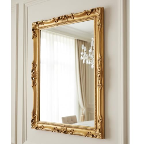 MO.WA Specchio da Parete Rettangolare Foglia Oro, Made in Italy - Specchiera Classica Barocca 62x82 Dorata Stile Antico per Camera da Letto, Ingresso, Bagno, soggiorno