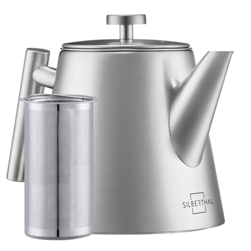 SILBERTHAL Teekanne mit Siebeinsatz (1L) Silber - Aus Edelstahl - Doppelwandige Kanne mit Deckel - Hält lange warm - Tee Geschenk