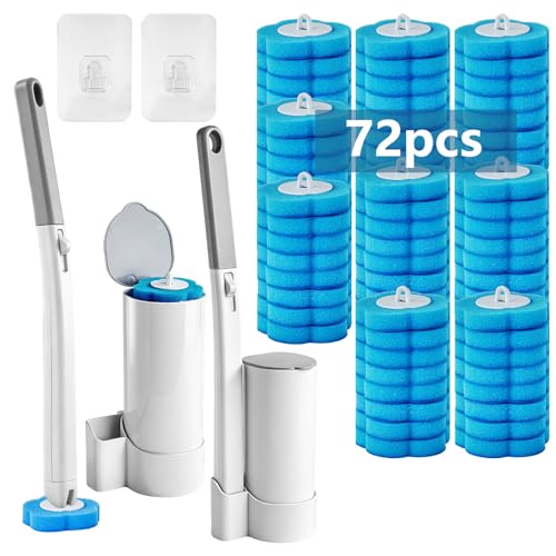Disposable Toilet Brush and Holder Set 2 Pack Toilet Wand Kit with 72 Refills Wall Mounted Toilet Bowl Cleaner System Kit Toilet Scrubber for Bathroom Cleaning Sink Bathtub