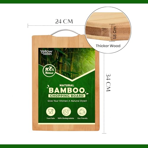 Image of Yellow Weaves Large Bamboo Wood Chopping Board (24 x 34 CM, 1.8 CM Thickness) Cutting Board with Metal Handle for Vegetables, Fruits, for Kitchen Use, Eco Friendly, BPA Free, Anti Microbial