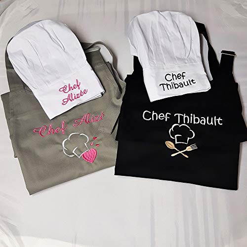 Vanevitch - Ensemble kit Tablier et toque de chef cuisine brodé et personnalisé avec un prénom un texte, 20 coloris et motifs top qualité, cadeau anniversaire, fete des meres, fete des peres, femme homme