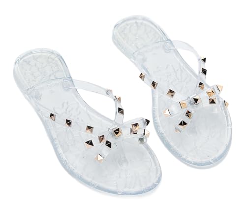 Image of Studded Jelly Shoes for Womens Bow Flip Flops Jellies Sandals Flat Black Summer Beach Thong with Rivets Strappy Slides Slip On