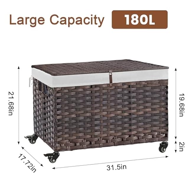 Rolling Storage Basket with Lid, 47.6 Gallon (180L) Storage Bin with Wheels, Woven Rattan Blanket Storage Basket with Handles, Foldable, Metal Frame, Removable Liner for Bedroom, Laundry Room, Brown