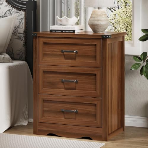 Image of Xixini Nightstand Set of 2 with 3 Storage Drawers, Tall Side Table, Walnut