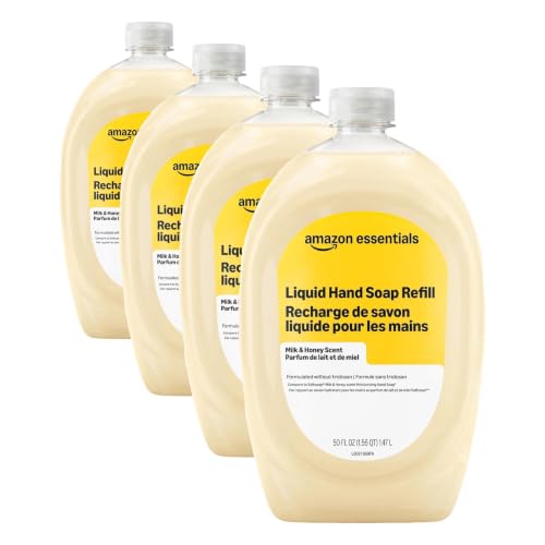 Amazon Basics Liquid Hand Soap Refill, Milk and Honey Scent, Triclosan-Free, pH Balanced, Dermatologist Tested, 50 Fluid Ounces (Pack of 4)