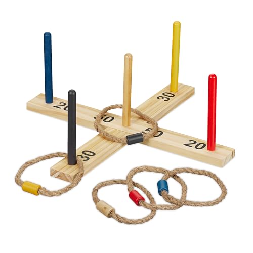 Relaxdays Ringwurfspiel, Holzwurfspiel für Kinder & Erwachsene, Ringe werfen, drinnen & draußen, Gartenspiel, mehrfarbig, 1 Stück