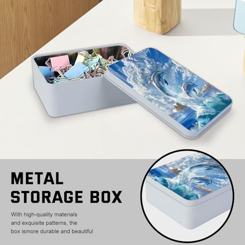Image of Metal Tin Box with Lid,Multi-functional Storage Large Box Can Store Tea Biscuits Game Cards, Playing & Tarot Cards-Comes with 4 Magnetic Cord Clips,Cute Dolphins