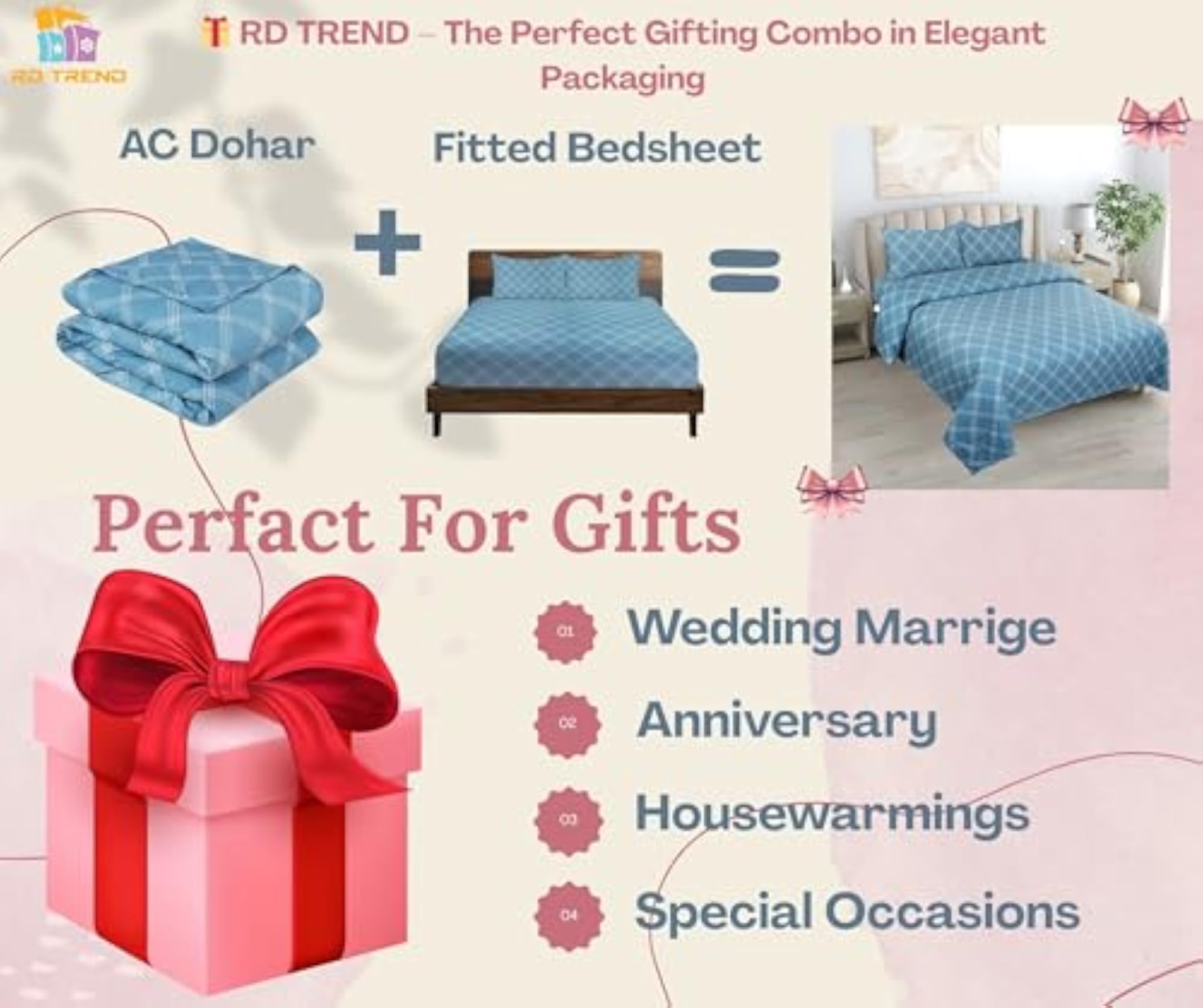 4 PCS Bedding Set Dohar Bedsheet Single with Pillow Covers