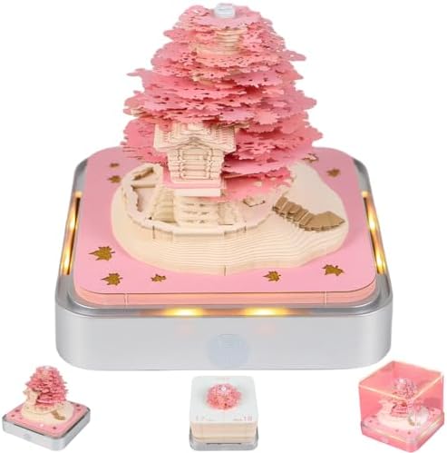 3D Calendar 2025, Time Piece Calendar 2025, Creative 3D Memo Pad With LED Lights, DIY Paper Carving Art Sticky Note Desktop Decoration Gift for Kids Childrens Day (Pink Tree)