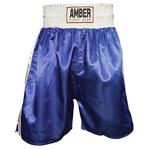 Amber Fight Gear Fearless Classic Satin Pro-Style Boxing Trunks Fight Shorts Training Gym Clothing Shorts Boxing Trunks Blue/White L