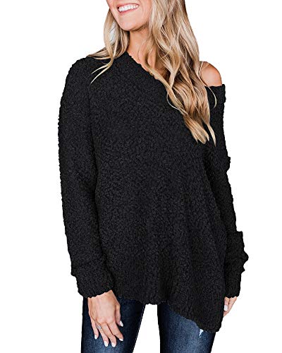 Geckatte Womens V Neck Fuzzy Knit Sweater Sherpa Fleece Oversized Long Sleeve Jumper Pullover Tops (Medium, Black)