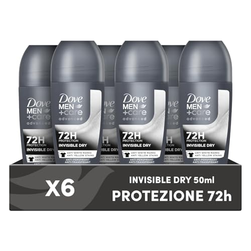 DOVE MEN + CARE Deodorante Roll On Advanced Care Invisible Dry, Antitraspirante Senza Alcol, Formula Anti Macchia, con 1/4 di Crema Idratante, Protezione Fino a 72 Ore, 6 Pezzi da 50 ml
