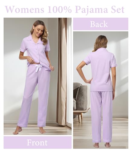 Image of CF Womens 100% Cotton Pajamas Set Button Down Pjs Sets Short Sleeve Top & Long Pants Sleepwear Comfy Loungewear with Pockets