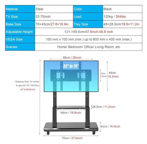 Soporte móvil para TV ajustable con ruedas para 32-75 pulgadas miniatura 2