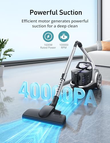 Image of Aspiron Canister Vacuum, Upgraded 1600W Bagless Canister Vacuum Cleaner, Auto Cord Rewind, H13 HEPA Filter, 3.7Qt Large Capacity, 5 Tools for Hard Floors, Carpet, Pet, Upholstery, Tiles, V DELE 415