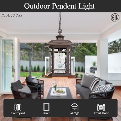 Image of Waterproof Outdoor Hanging Lantern Light 13.8 Inch Large Outdoor Pendant Light with Adjustable Chain Dusk to Dawn Aluminum Hanging Porch Light with Water Ripple Glass E26 Socket