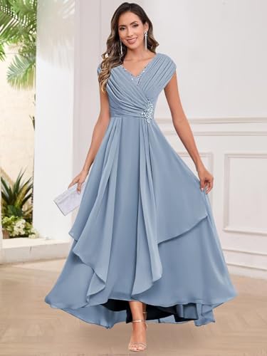 Long Chiffon Mother of The Bride Dresses for Women Tea Length V Neck Pleated Formal Evening Dress3