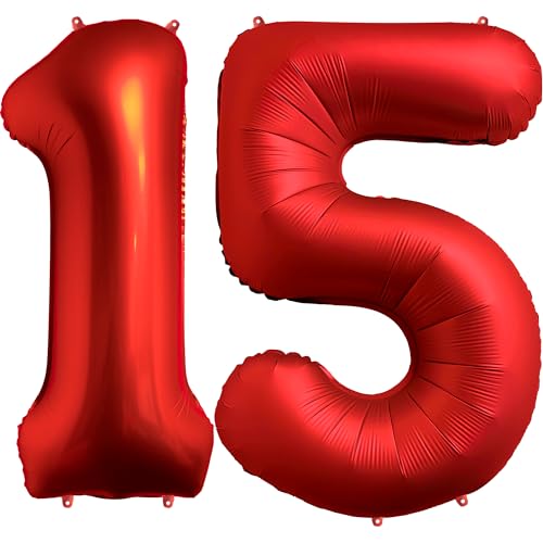 FUNFEST Ballons 15 ou 51 Ans Rouge Chrome 100cm – Décoration Anniversaire – Chiffres 1 et 5 Inclus – Hélium Compatible