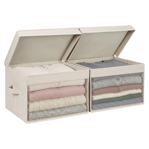 Image of StorageWorks Fabric Storage Bins with Lids, Large Closet Storage Bins | Flip-Top Lid, Clear Window, Handles, Collapsible, for Clothes Blankets Books, Closet Box, Khaki and Beige Stripes, 2-Pack