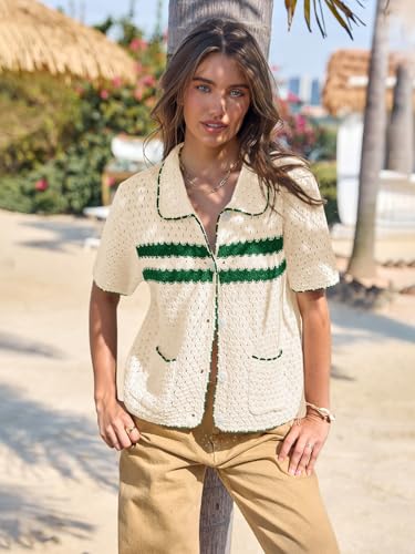 Yousify Womens Striped Short Sleeve Sweater Casual Knitted Button Down Crochet Cardigan Vintage Y2k Hollow-Out Tops4