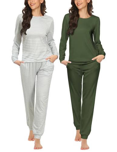 Ekouaer 2 Pack Women's Pajama Set Long Sleeve Top with Jogger Pants Lounge Sets Sleepwear Loungewear with Pockets Army Green&Grey Stripes Medium