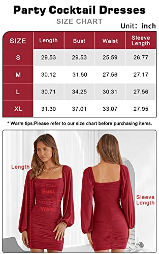 Mascomoda Women Elegant Square Neck Lantern Long Sleeve Mini Ruched Bodycon Dress Stretch Mesh Slim Party Cocktail Dresses(Small,Red) #TOP5