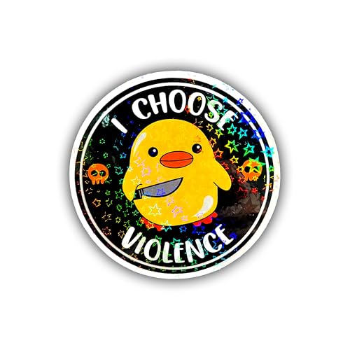 BELISMIA 3pcs I Choose Violence Holographic Stickers, Meme Funny Ducky Hologrpahic Vinyl Stickers, Duck Knife Holographic Vinyl Water Assistant Sparkly Stickers for Laptop Phone Water Bottle Kindle