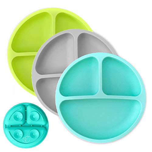 Image of Hippypotamus Toddler Plates with Suction - Baby Plates - 100% Food-Grade Silicone Divided Plates - BPA Free - Dishwasher Safe - Set of 3 (Teal/Gray/Lime)
