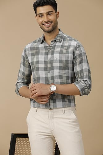 Image of Linen Club Men's Pure Linen Green Checked Contemporary Fit Full Sleeve Casual Shirt