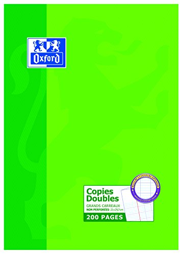 OXFORD Copies Doubles Non Perforées A4 Grands carreaux Seyès 200 Pages, Etui Carte Vert.