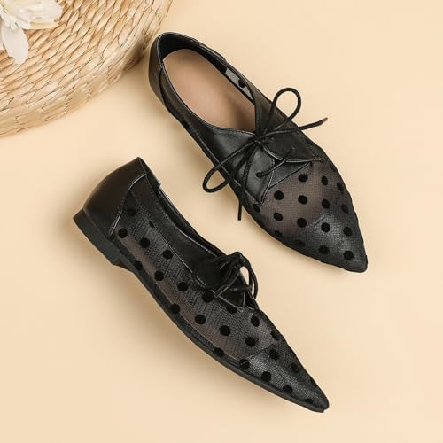 Hopomart Women's Mesh Polka Dots Breathable Pointed Toe Casual Shoes Fashion Lace Up Comfort Lightweight Slip On Flat Ballet Shoes3