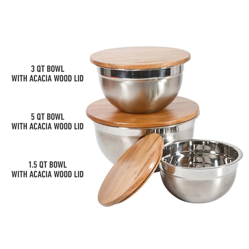 Image of Calphalon Orbit Mixing Bowl Set, 3-Piece Stainless Steel Mixing Bowls(1.5 Qt, 3 Qt, 5 Qt) with Acacia Wood Lids & Non-Slip Base, Kitchen Prep Bowls for Mixing, Serving & Food Storage