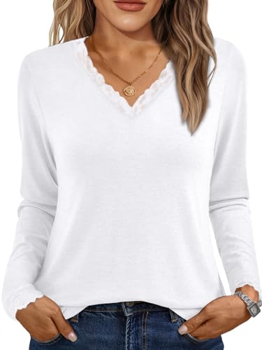 AUTOMET V Neck T Shirts for Women Lace Long Sleeve Cute Tops Fall Winter Dressy Business Casual Blouses Trendy Basic Tees White M
