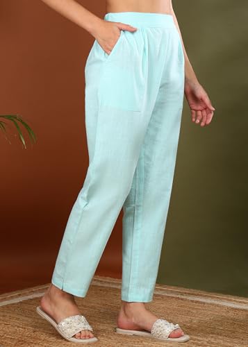 Image of Yash Gallery Women's Regular Fit Mid Rise Solid Cotton Slub Ankle Length Regular Trouser Pant