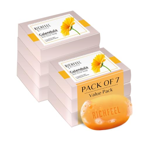 RichFeel Anti-Acne Calendula Bath Soap | Face brightening soap | For acne-prone and oily skin | Suitable for tan removal | Anti acne bathing bar Reduces dark spots | Natural extracts | Herbal | Natural | Vegan soap | Paraben-free & Sulphate-free | Skin Brightening Soap For Men & Women Gentle Formulations by India’s OG Beauty Experts | 75g (Pack of 7)