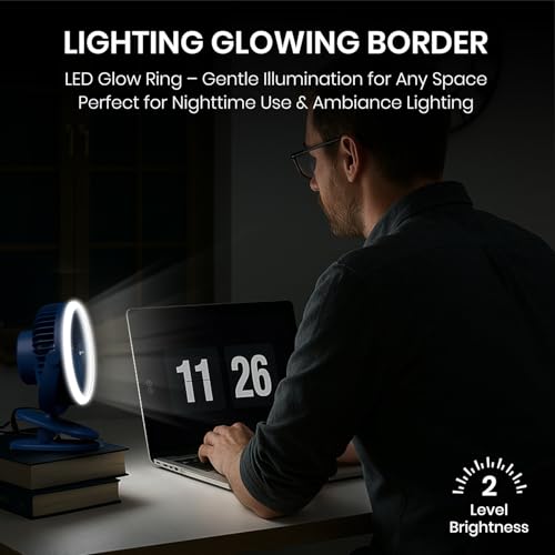 Image of Portronics ClipCool Portable Rechargeable Clip-On Fan with Ring LED Light, Type-C Charging, 360 Rotation, 3 Speed Modes Up to 3000 RPM, BLDC Motor, Up to 4 Hour Playtime, for Home,Car & Office, Blue